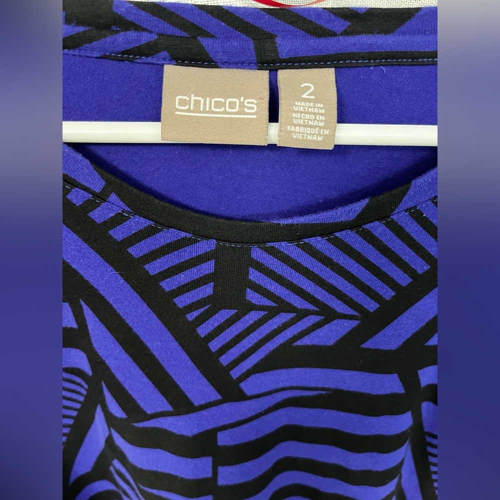 Chicos Womens Long Sleeve T-Shirt Blue Black Zig Zag Stripe Sz 2 (L/12) EUC - Picture 2 of 8